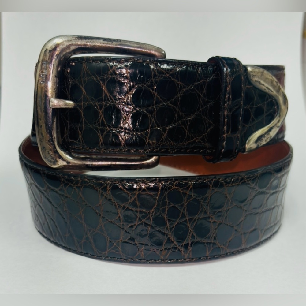 Vintage 1980s Ralph Lauren Belt Brown Leather American Alligator Made In Italy
